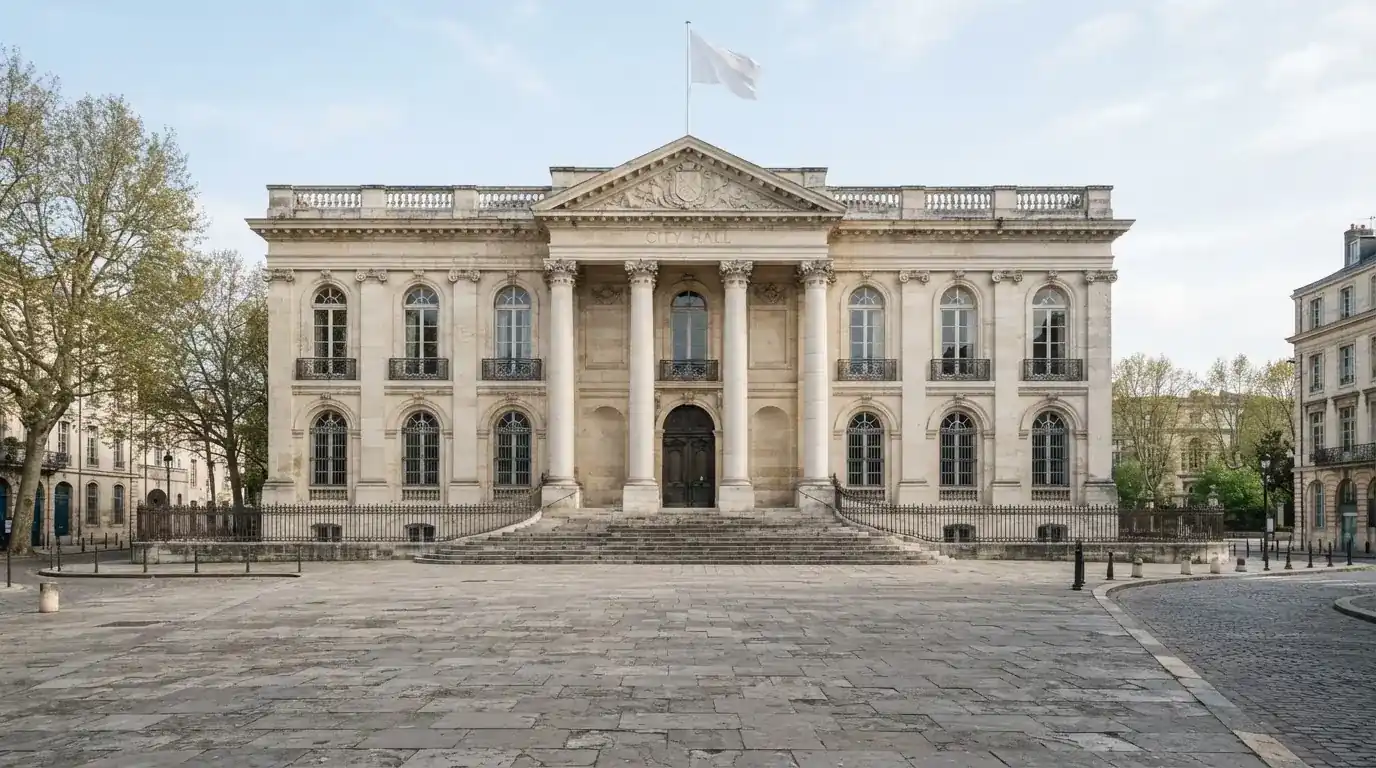 Fachada clásica de un edificio administrativo con una bandera ondeando y una plaza vacía al frente.