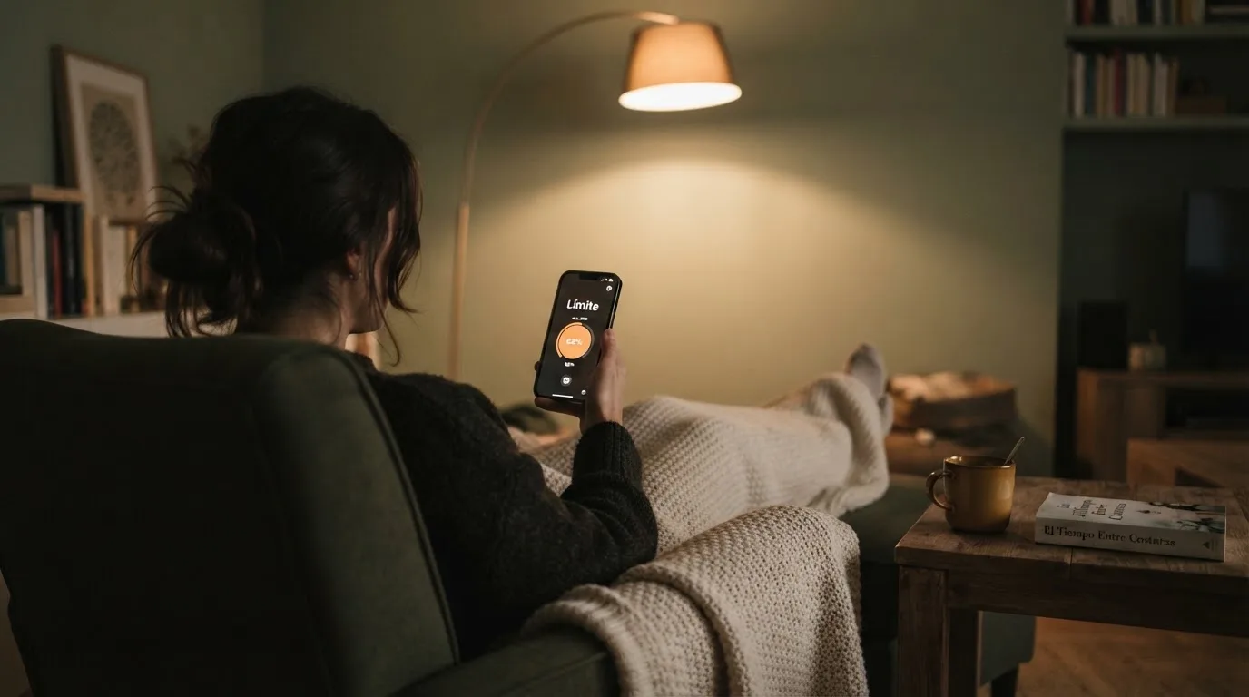 Persona sentada en un sillón cómodo consultando un teléfono móvil con una manta sobre las piernas en una sala tranquila.