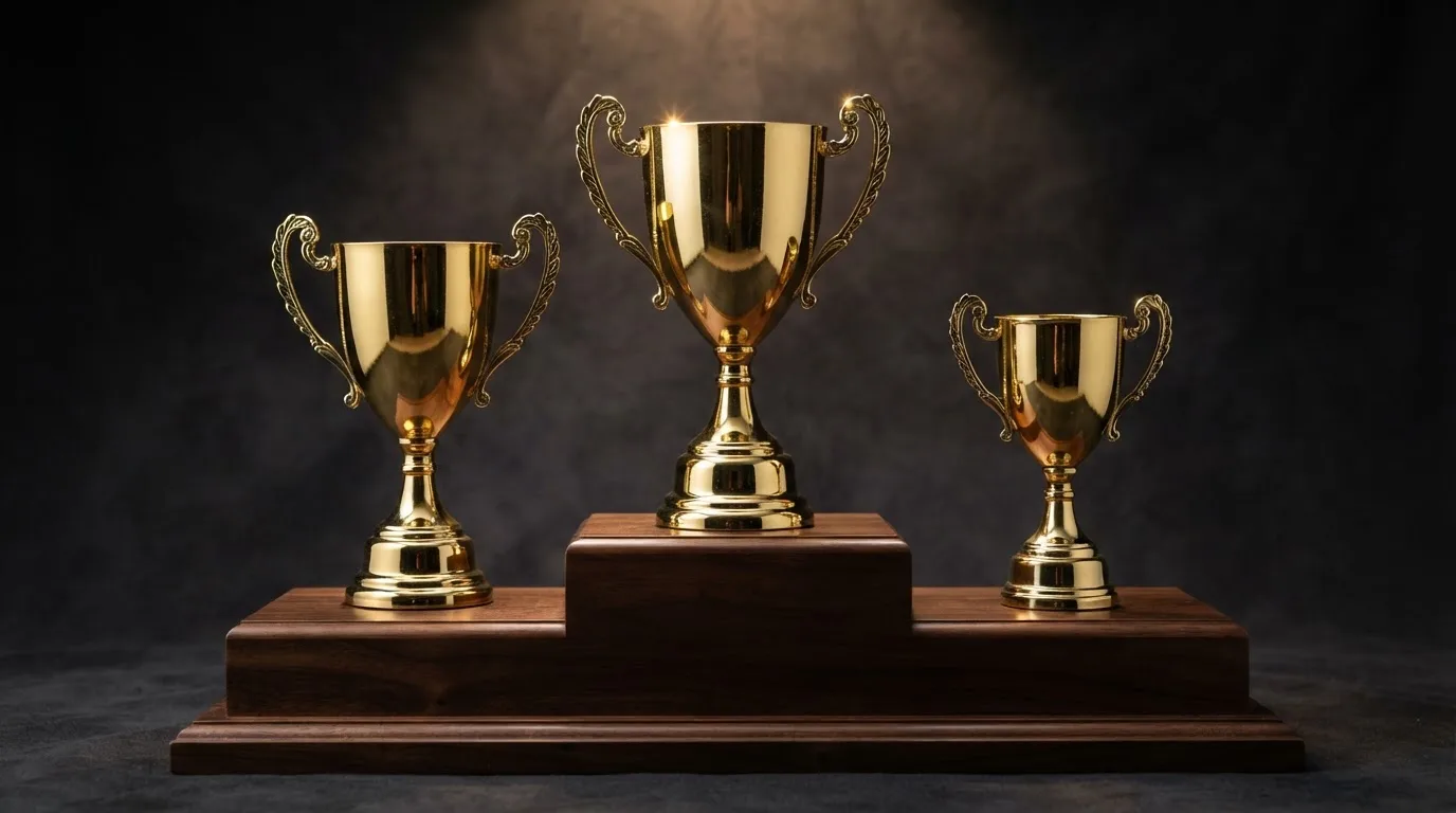 Tres trofeos dorados de distinto tamaño colocados sobre un podio iluminado con fondo oscuro.