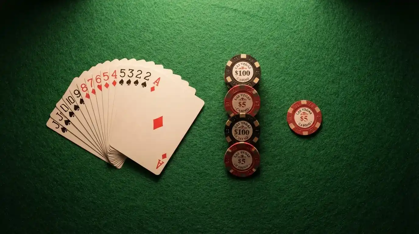 Vista cenital de una baraja de cartas y fichas de casino apiladas sobre una mesa de fieltro verde.
