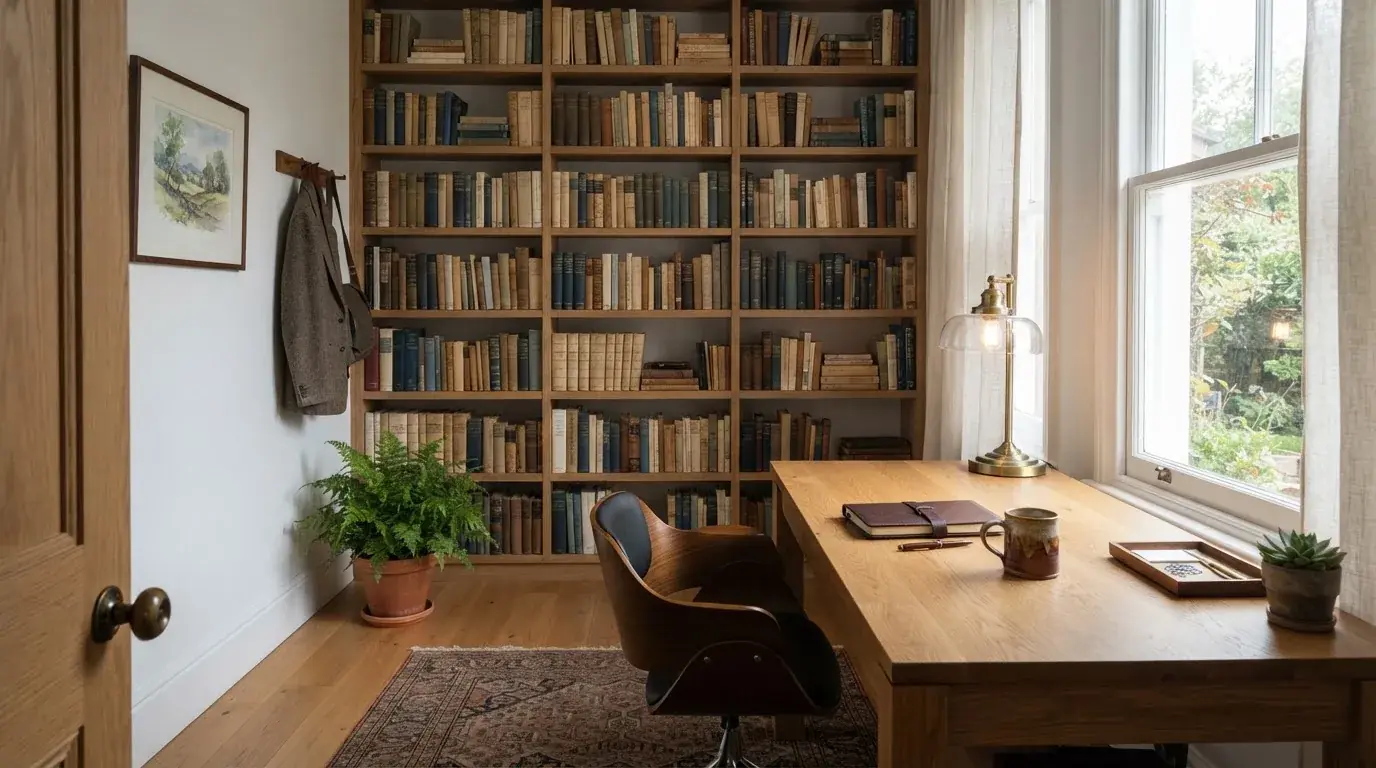 Interior de una oficina ordenada con estanterías de libros y un escritorio de madera junto a una ventana.