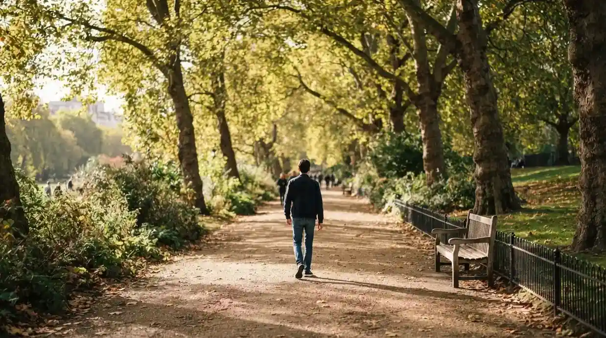 Persona caminando por un sendero arbolado durante una mañana soleada, en actitud relajada.