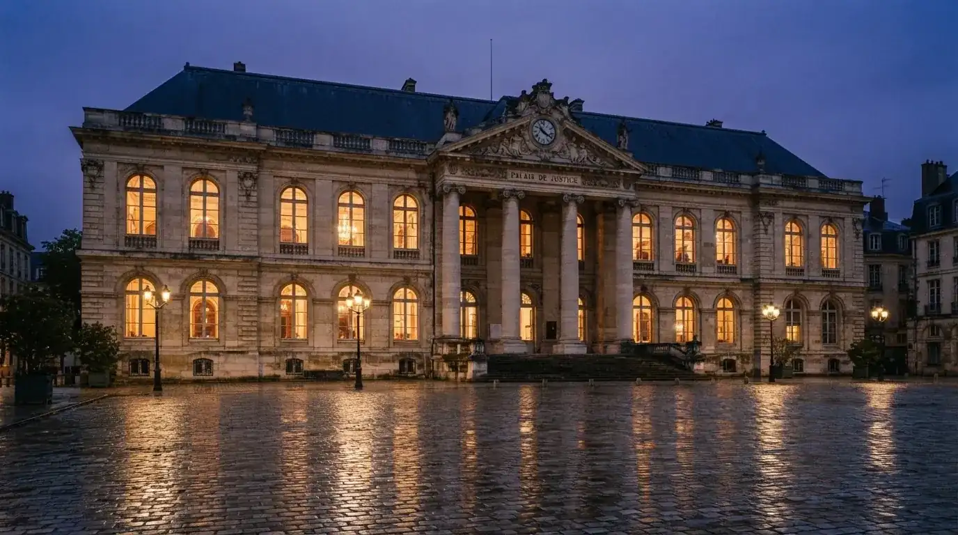 Fachada iluminada de un edificio clásico de estilo señorial en una plaza europea al anochecer.