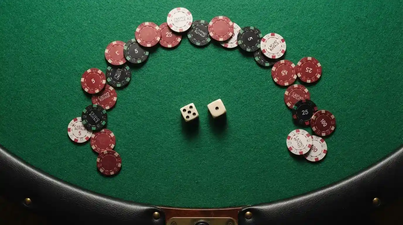 Vista cenital de fichas de casino y dados sobre una mesa de fieltro verde bajo luz suave.
