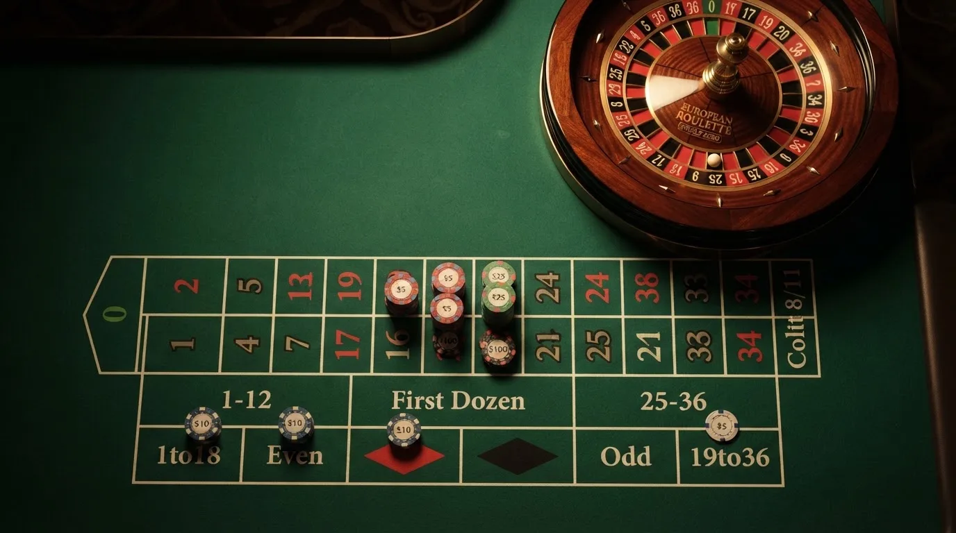 Vista cenital de una ruleta de casino junto a fichas de colores sobre una mesa de fieltro verde.
