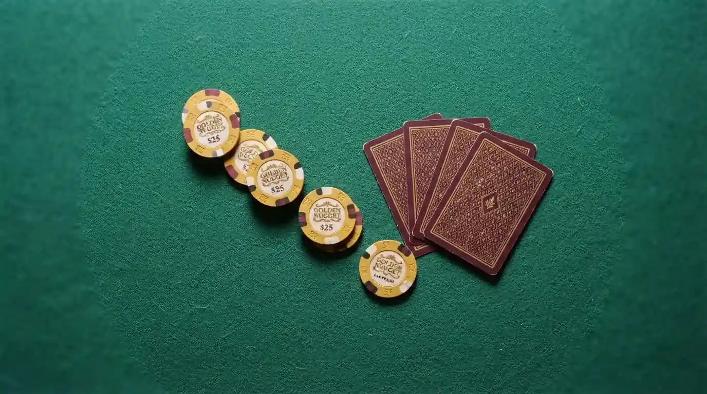 Vista cenital de fichas doradas y una baraja de cartas sobre una mesa de fieltro verde.