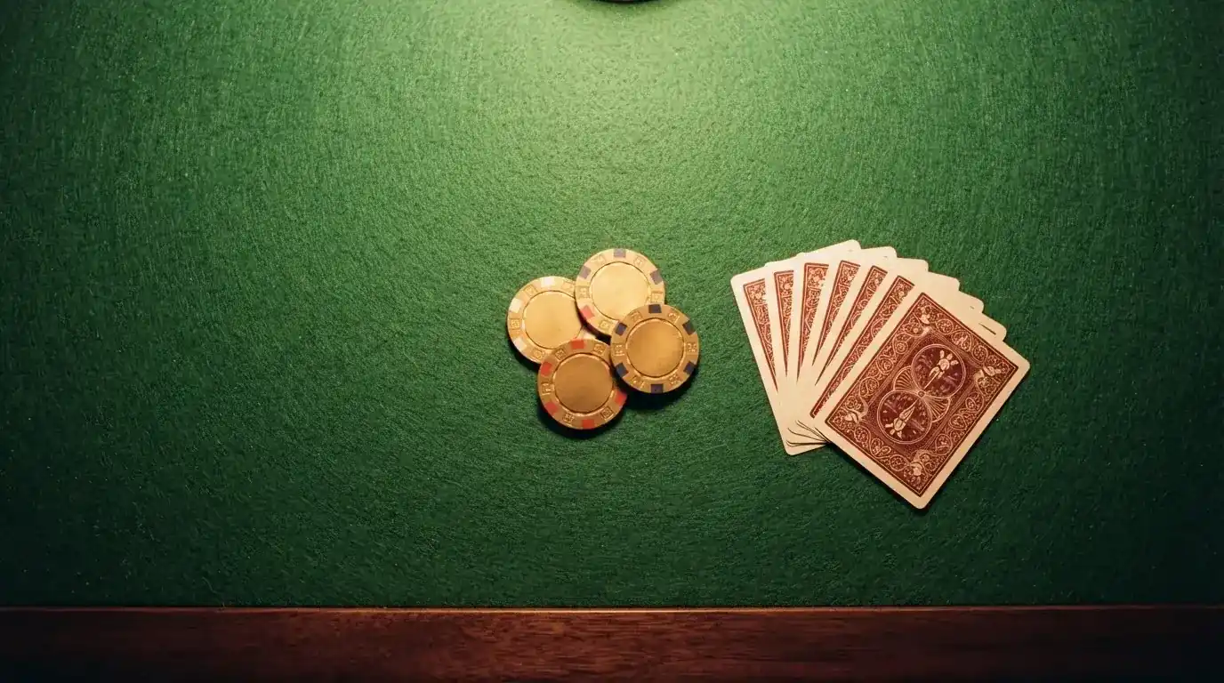 Vista cenital de fichas doradas y una baraja de cartas sobre una mesa de fieltro verde.