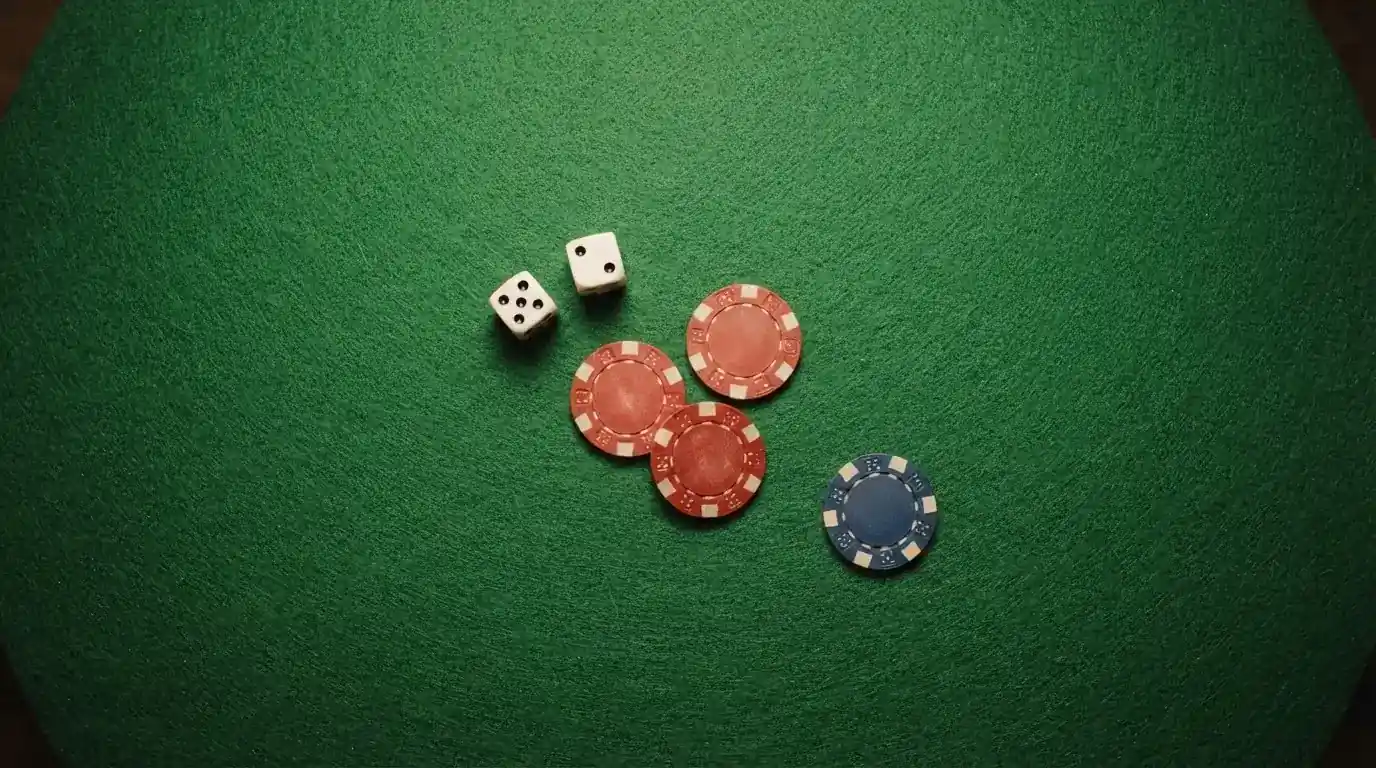 Vista cenital de fichas de casino y dados sobre una mesa de fieltro verde bajo luz suave.
