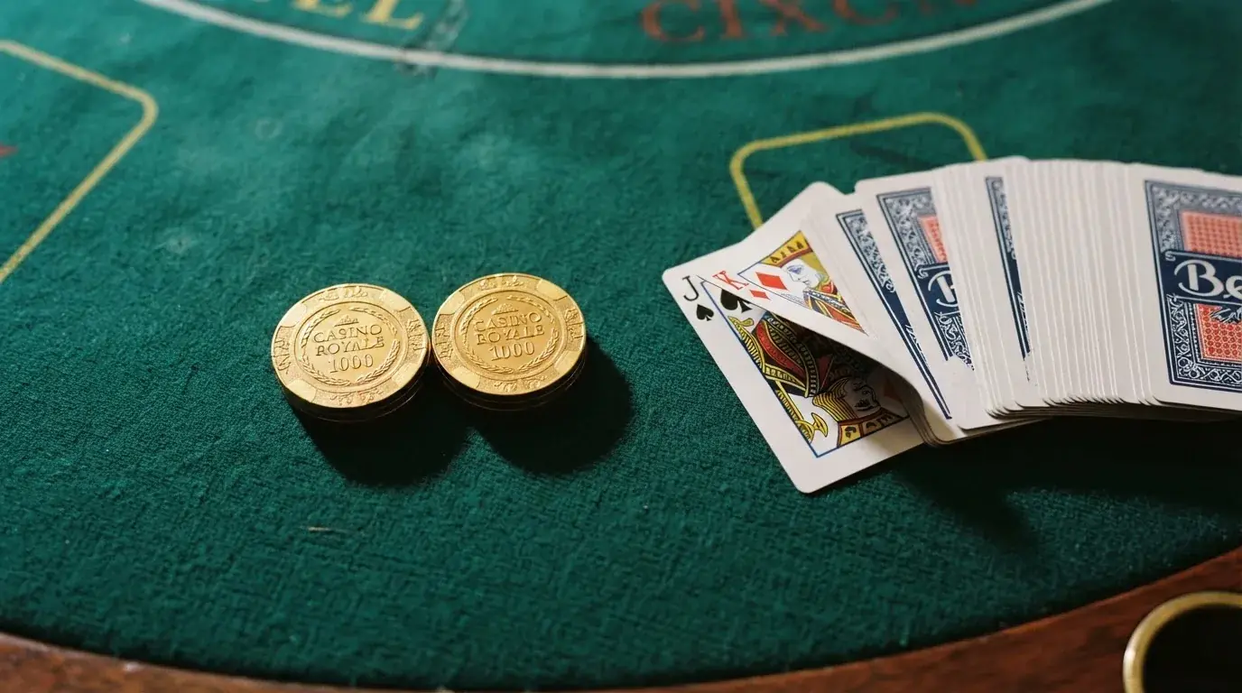 Vista cenital de fichas doradas y una baraja de cartas sobre una mesa de fieltro verde.
