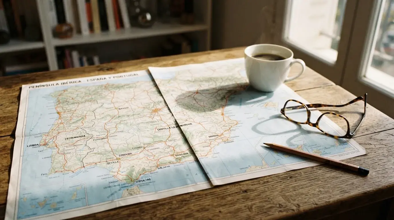 Un mapa físico de España sobre una mesa de madera junto a una taza de café y unas gafas, con luz natural entrando por una ventana.