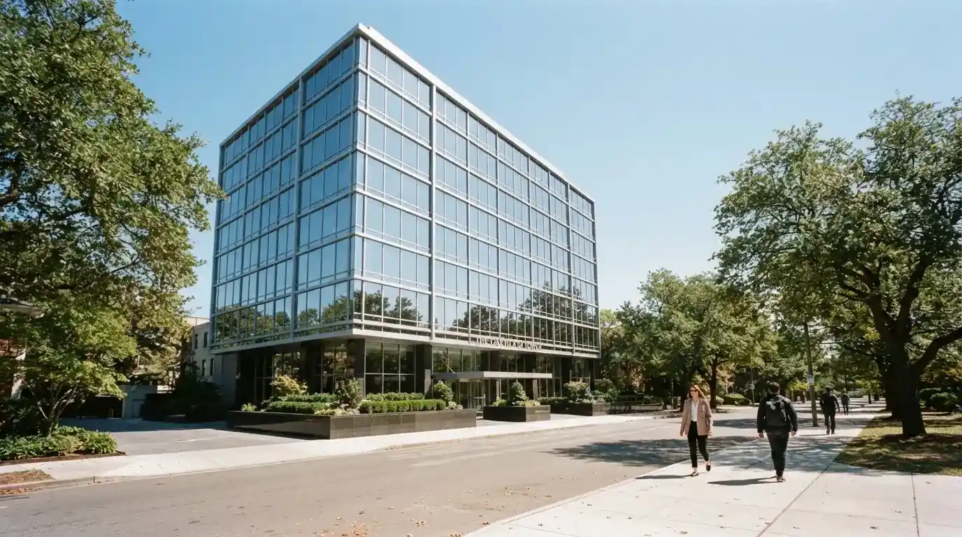 Un edificio de oficinas moderno con cristales reflectantes bajo un cielo despejado, visto desde una calle tranquila.