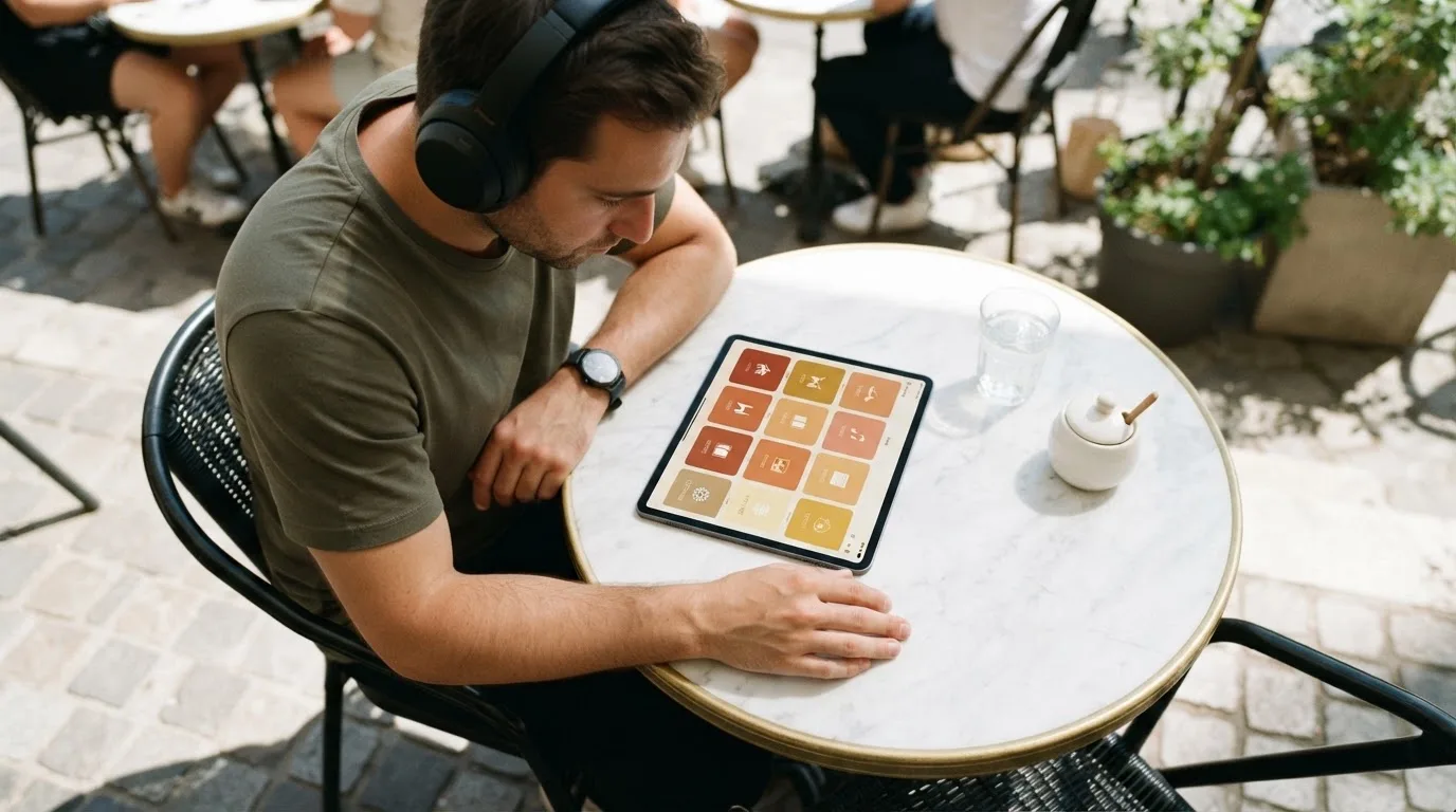 Una persona con auriculares revisa una lista en una tableta apoyada sobre una mesa de café en una terraza soleada.