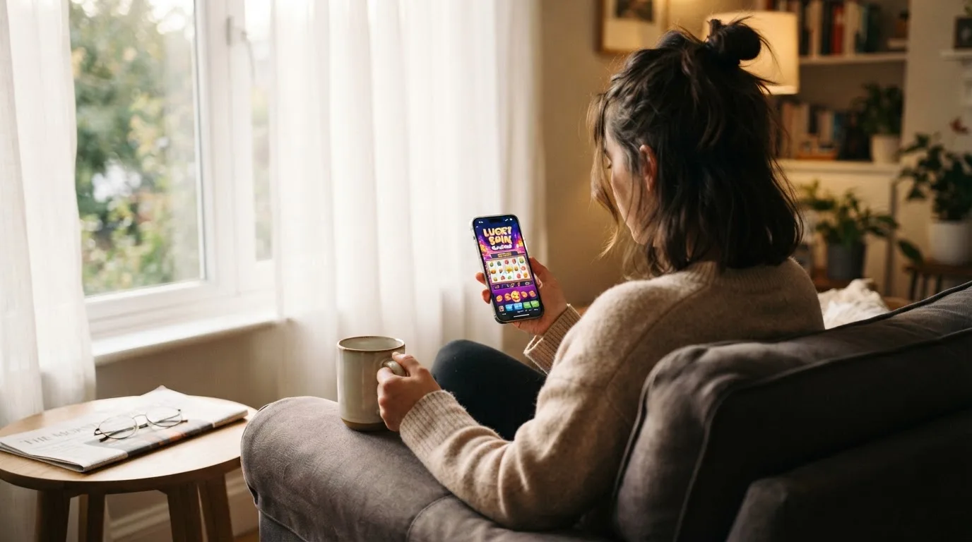 Una persona sostiene una taza de café mientras mira un teléfono móvil sentada junto a una ventana con luz de mañana.