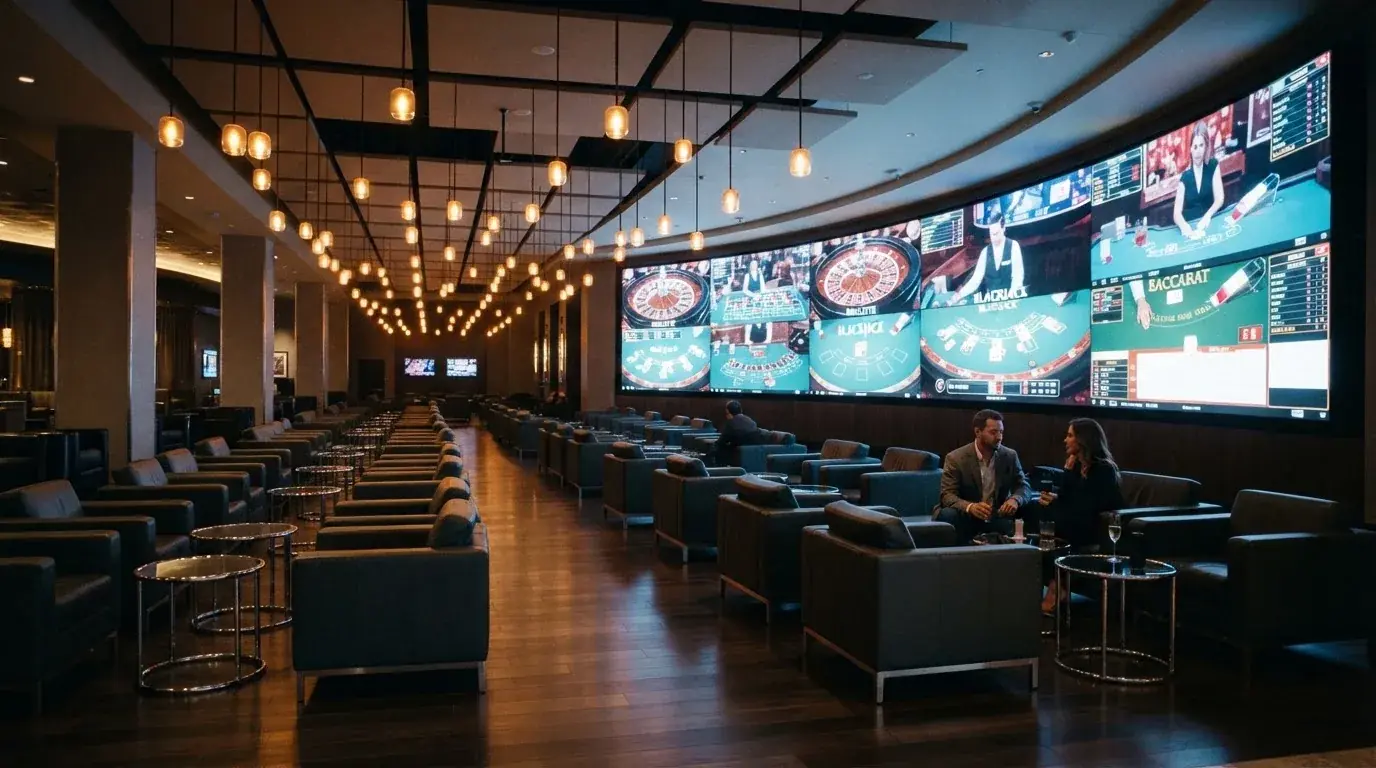 Fotografía de un salón de casino moderno con pantallas de transmisión en directo y sillones cómodos, ambiente cálido y profesional.