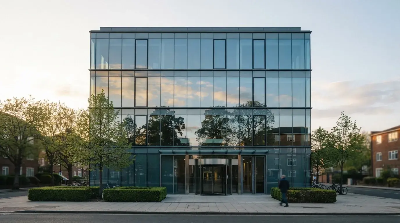 Fotografía de un edificio de oficinas corporativas con fachada de cristal, simbolizando la regulación y la supervisión del sector del juego.