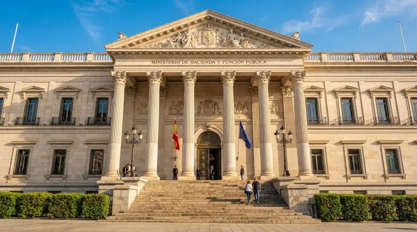 Fotografía de la fachada de un edificio institucional español con columnas clásicas bajo un cielo despejado.