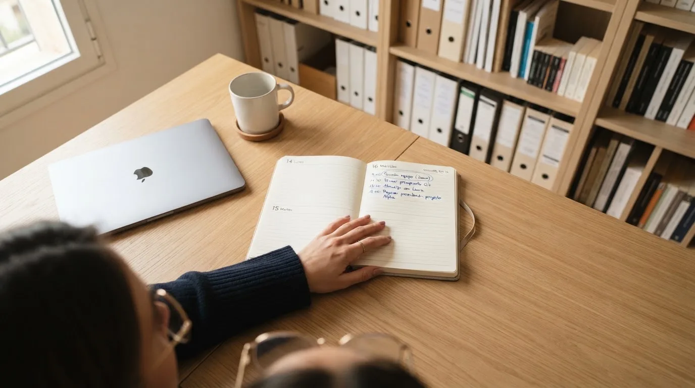 Una mujer con gafas revisa su agenda en un escritorio de oficina moderna con estanterías al fondo.
