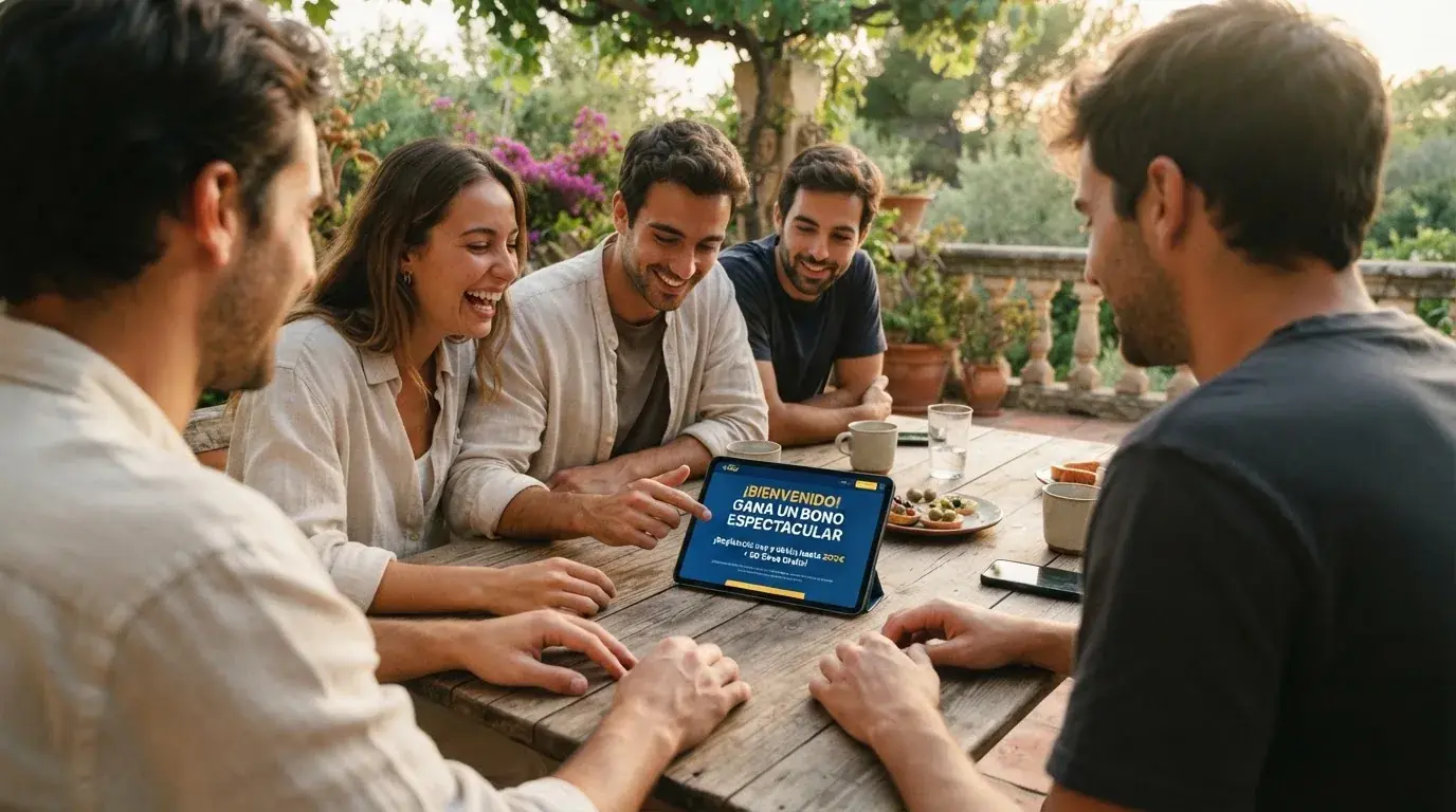 Un grupo de amigos revisa algo en una tableta sobre una mesa de madera en una terraza al aire libre.