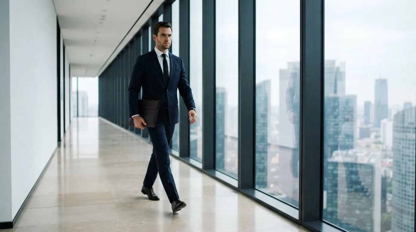 Un hombre con traje camina por el pasillo de un edificio de oficinas moderno con grandes ventanales.