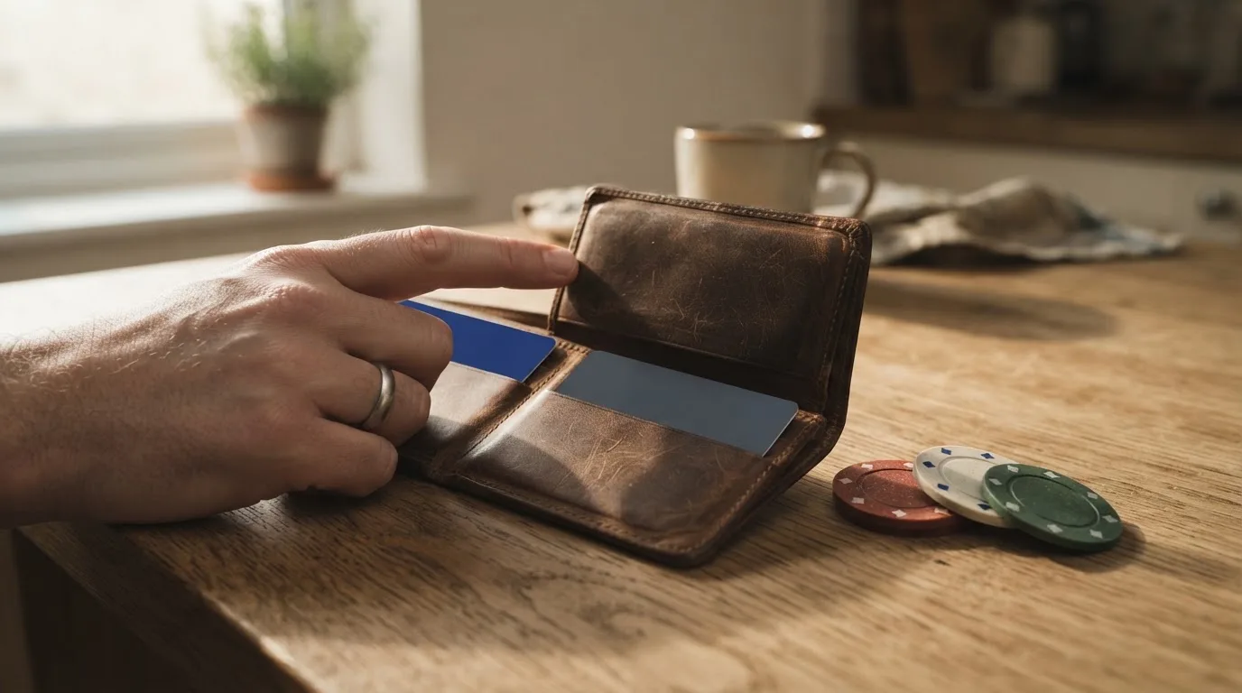Un hombre revisa su cartera con tarjetas y monedas sobre una mesa de madera en casa.