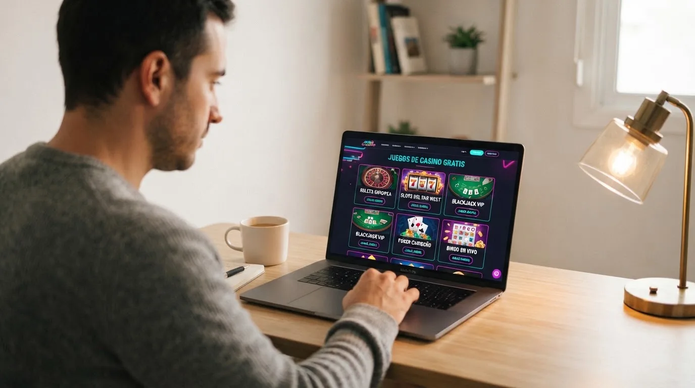 Un hombre explora distintos juegos gratuitos de casino en la pantalla de su ordenador portátil, sentado en su escritorio.