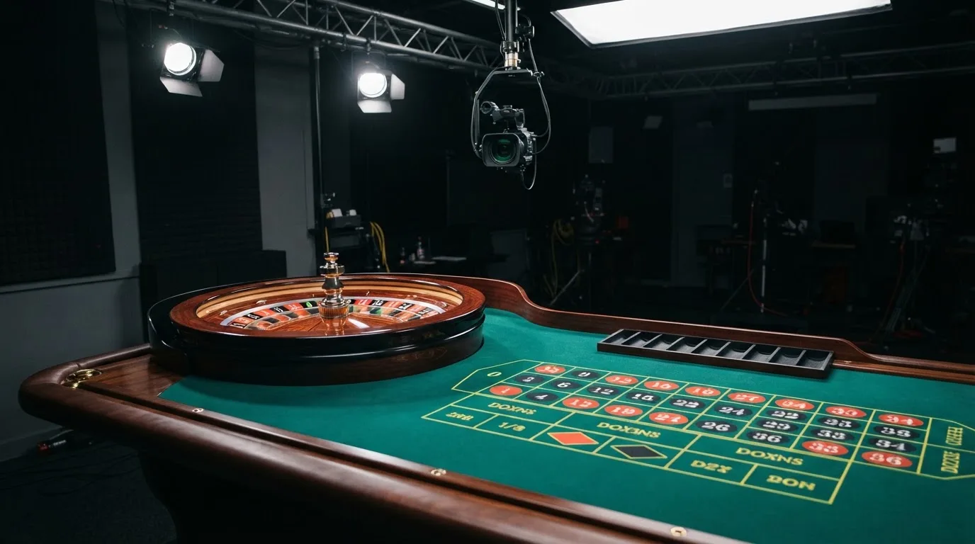 Una mesa de ruleta en vivo vacía momentos antes de empezar la retransmisión, con luces de estudio profesional encendidas.