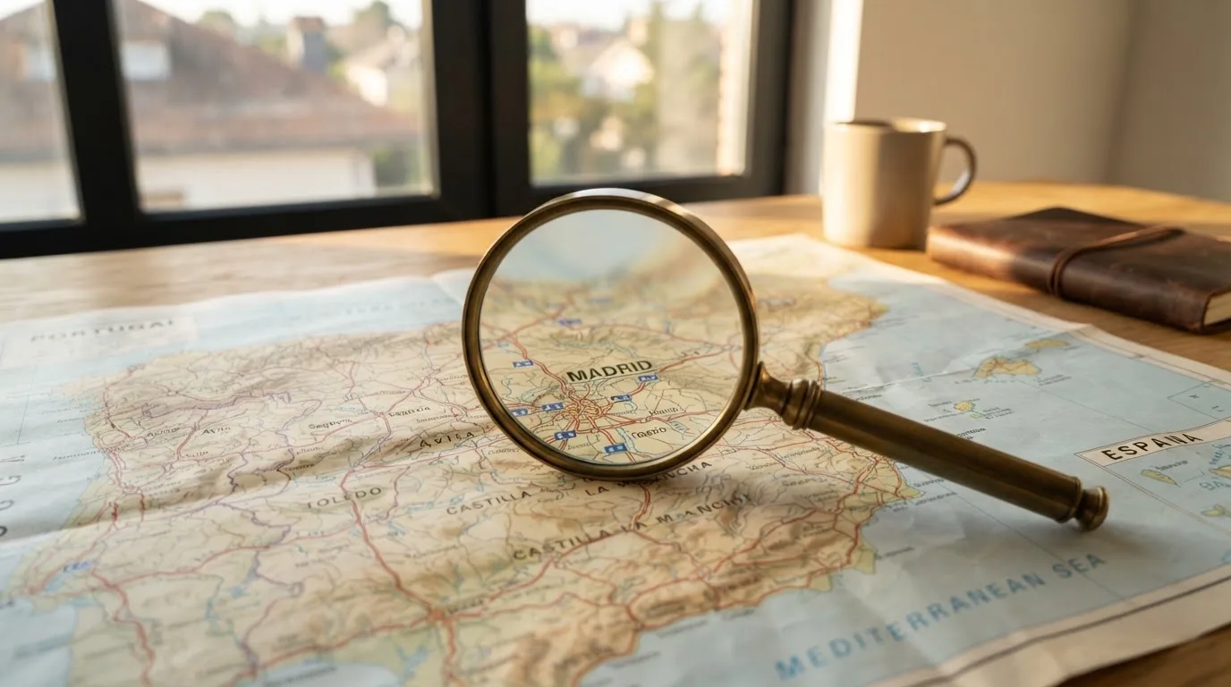 Una lupa sobre un mapa de España iluminado en un escritorio de oficina, con una ventana al fondo desenfocada.