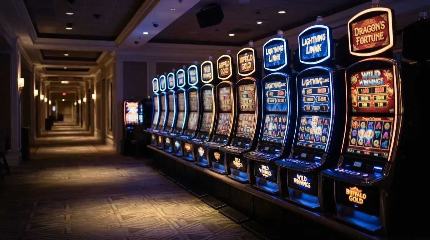 Una hilera de máquinas tragaperras modernas con luces de colores encendidas, fotografiada en un pasillo de casino vacío.