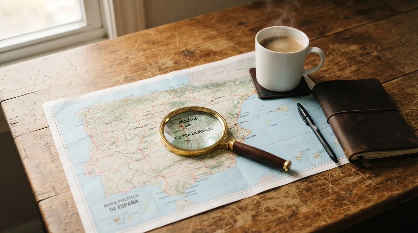 Una lupa sobre un mapa de España colocado en un escritorio de madera junto a una taza de café humeante.